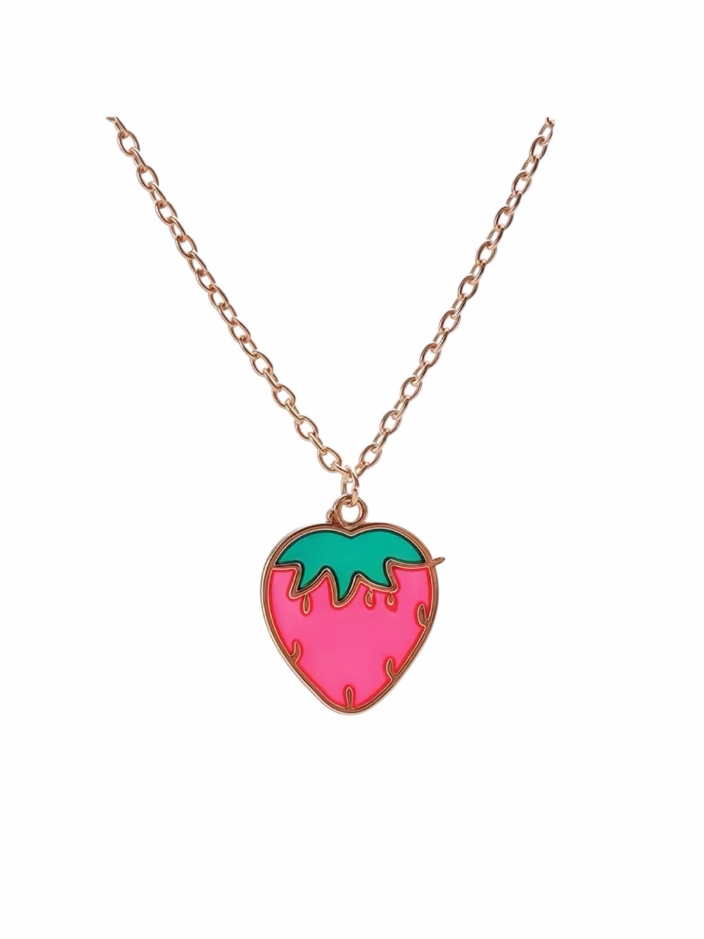 Rose Gold Strawberry Pendant Necklace in Hot Pink & Green